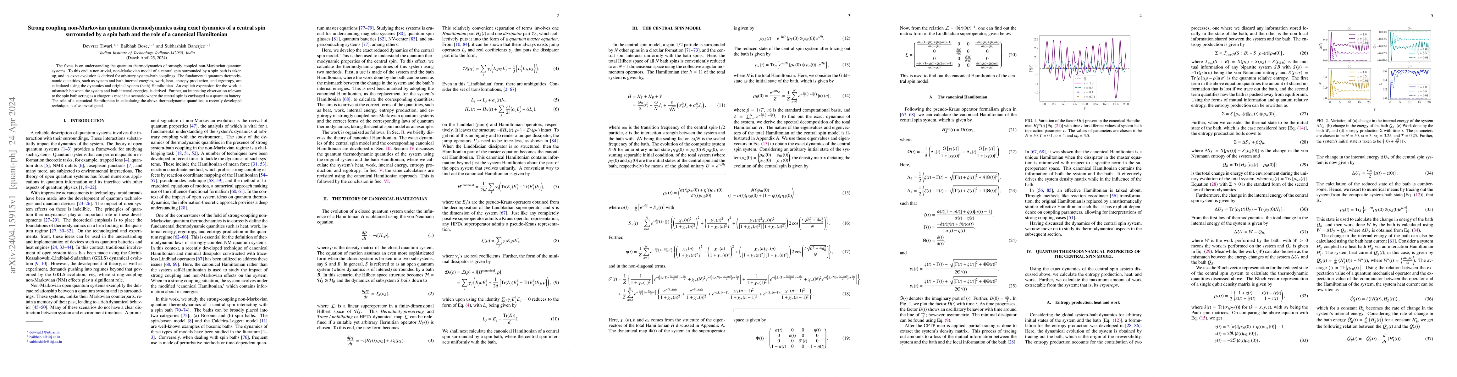 Thumbnail for Strong coupling non-Markovian quantum thermodynamics using exact
  dynamics of a central spin surrounded by a spin bath and the role of a
  canonical Hamiltonian