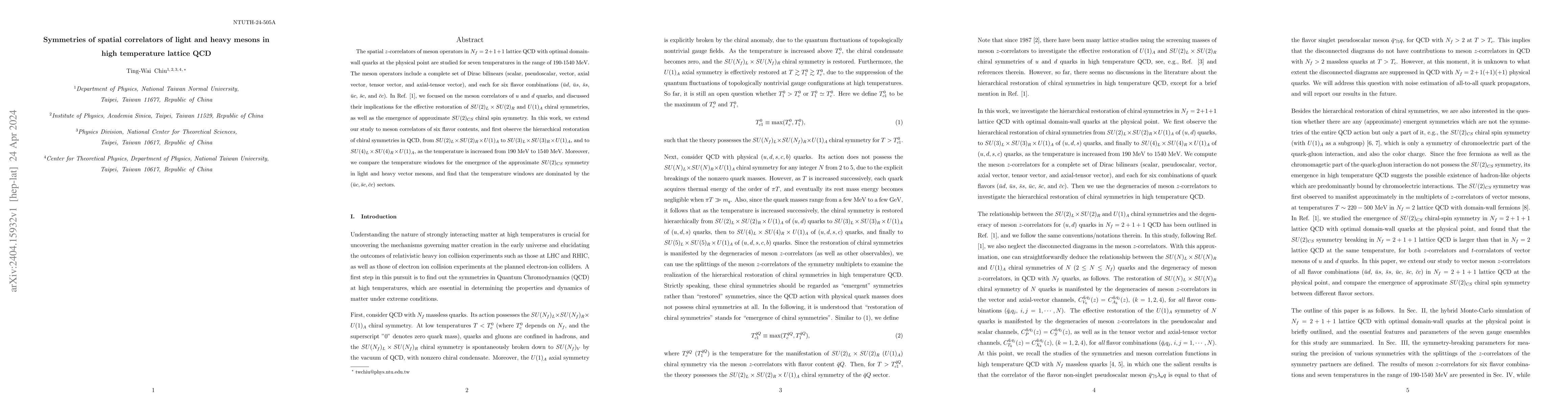 Thumbnail for Symmetries of spatial correlators of light and heavy mesons in high
  temperature lattice QCD