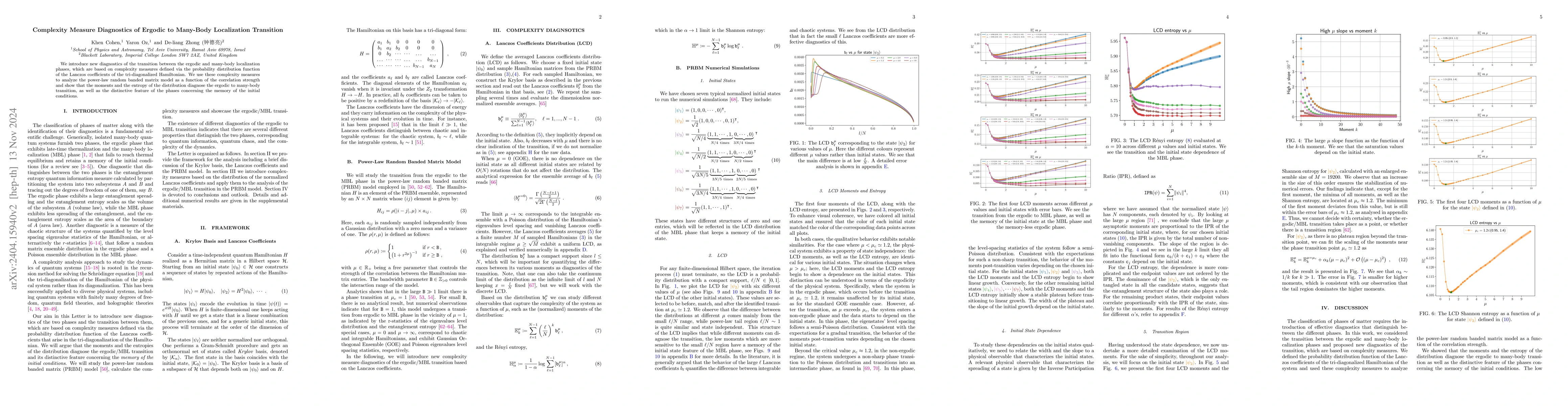 Thumbnail for Complexity Measure Diagnostics of Ergodic to Many-Body Localization
  Transition