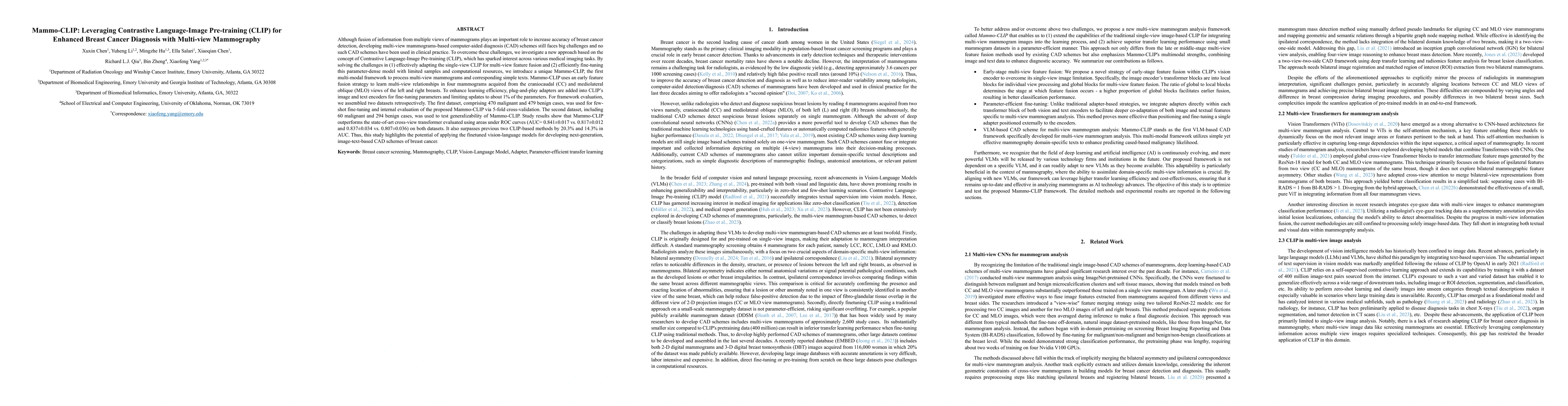 Thumbnail for Mammo-CLIP: Leveraging Contrastive Language-Image Pre-training (CLIP)
  for Enhanced Breast Cancer Diagnosis with Multi-view Mammography