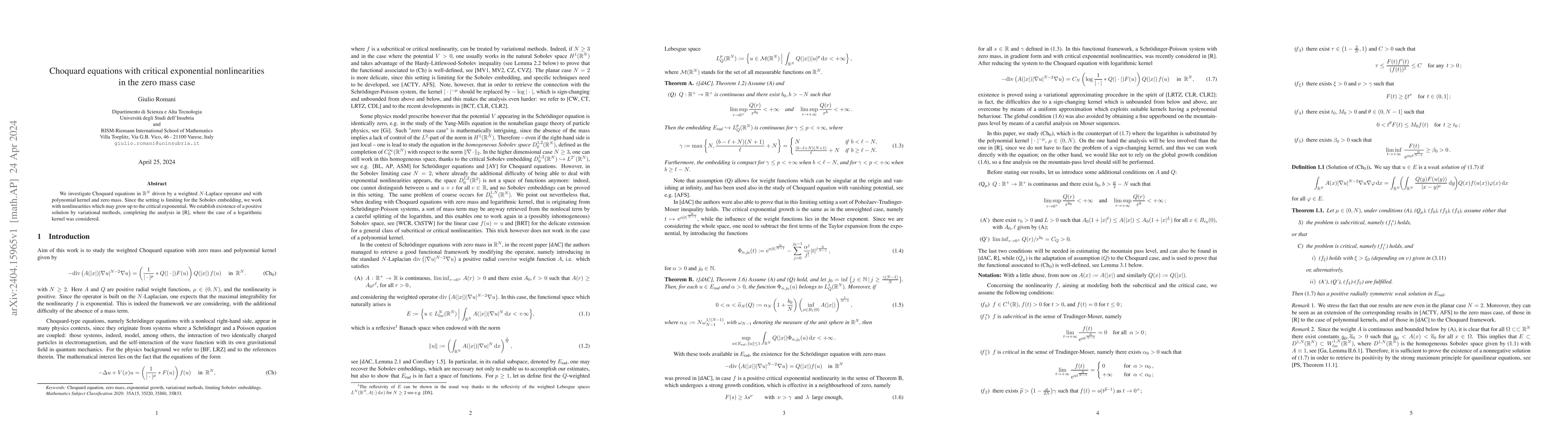 Thumbnail for Choquard equations with critical exponential nonlinearities in the zero
  mass case