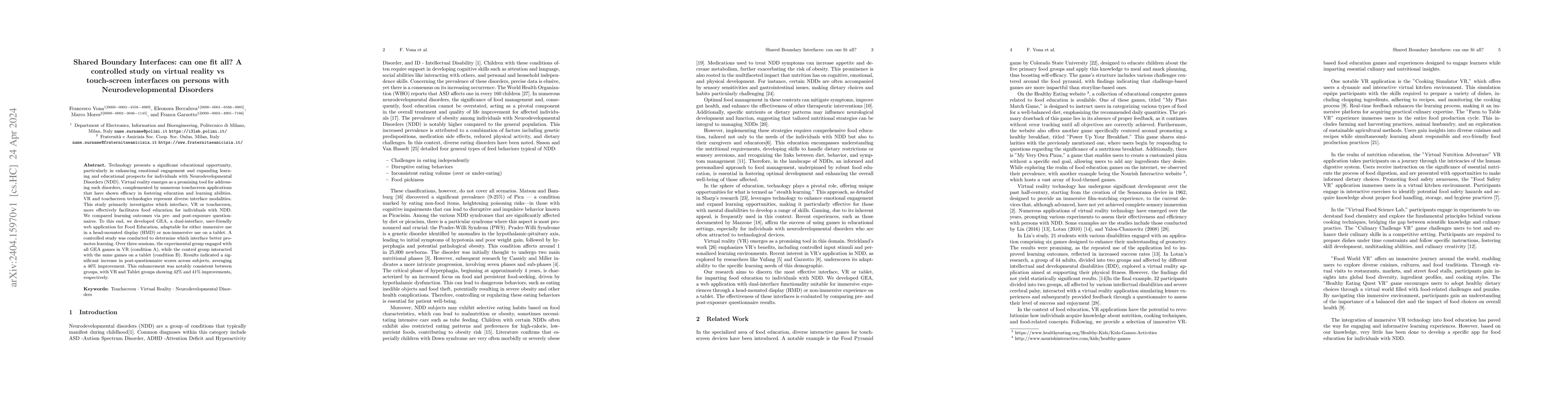 Thumbnail for Shared Boundary Interfaces: can one fit all? A controlled study on
  virtual reality vs touch-screen interfaces on persons with Neurodevelopmental
  Disorders
