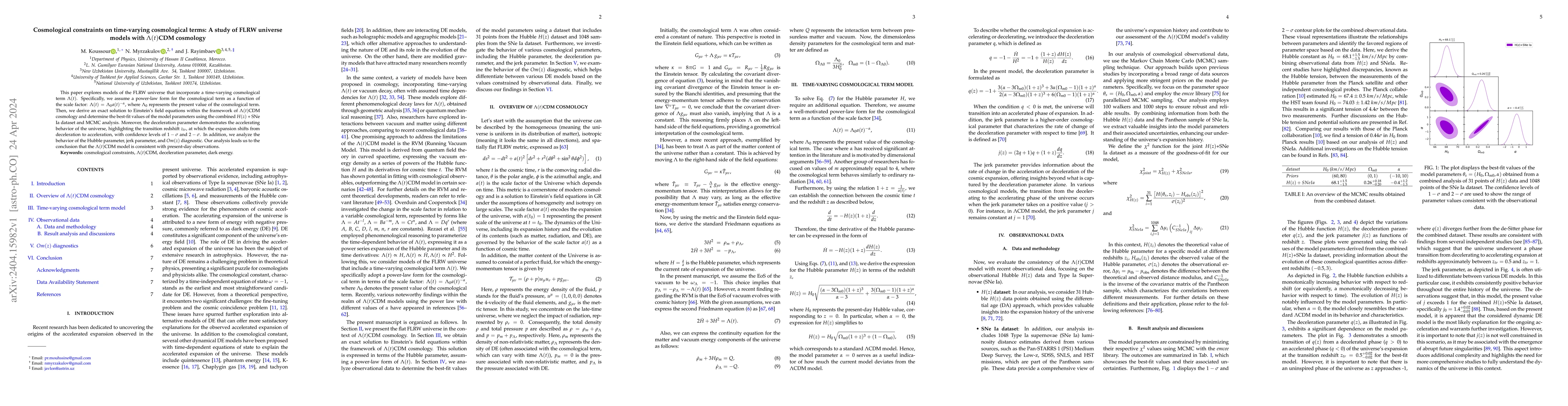Thumbnail for Cosmological constraints on time-varying cosmological terms: A study of
  FLRW universe models with $\Lambda(t)$CDM cosmology