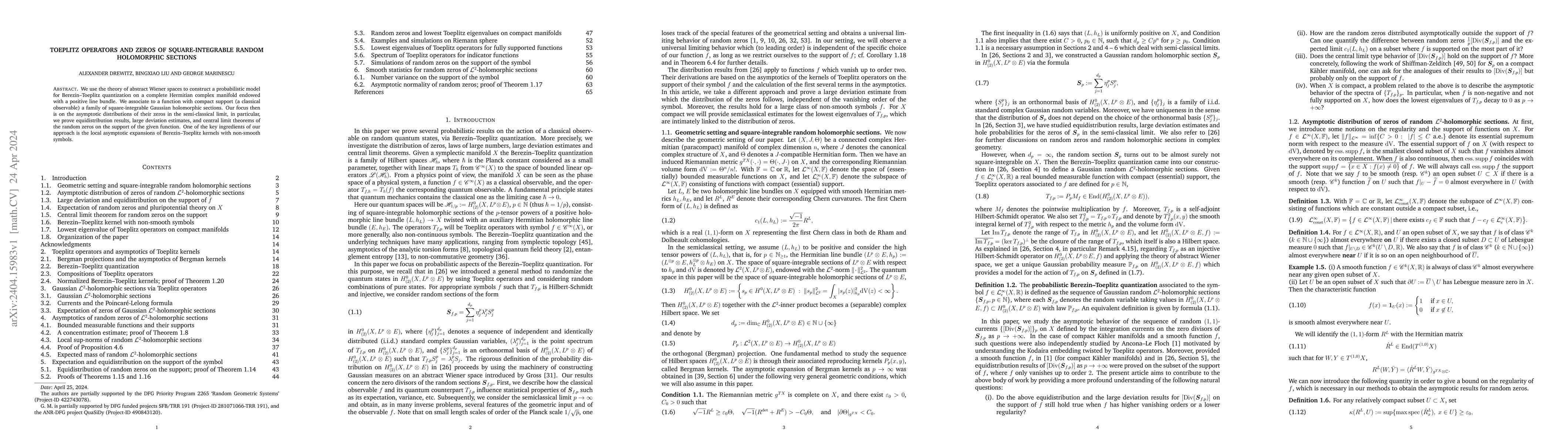 Thumbnail for Toeplitz operators and zeros of square-integrable random holomorphic
  sections