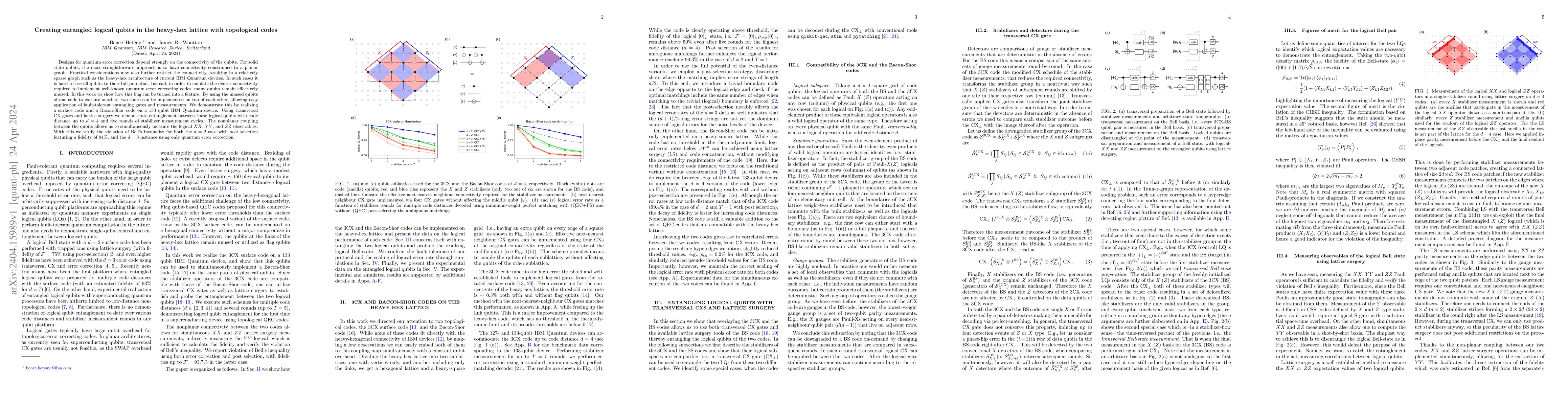 Thumbnail for Creating entangled logical qubits in the heavy-hex lattice with
  topological codes