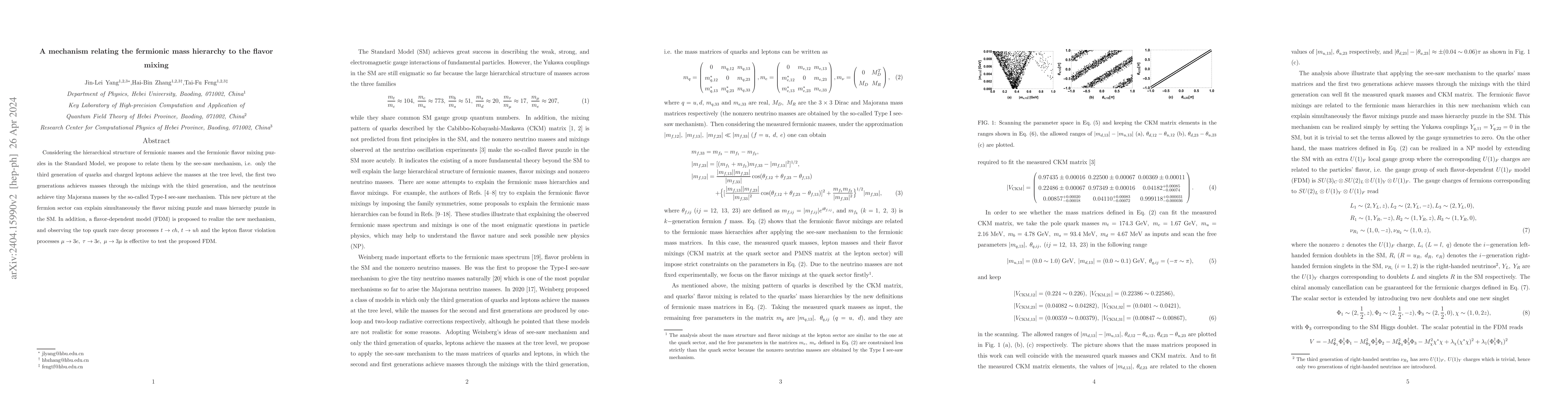 Thumbnail for A mechanism relating the fermionic mass hierarchy to the flavor mixing