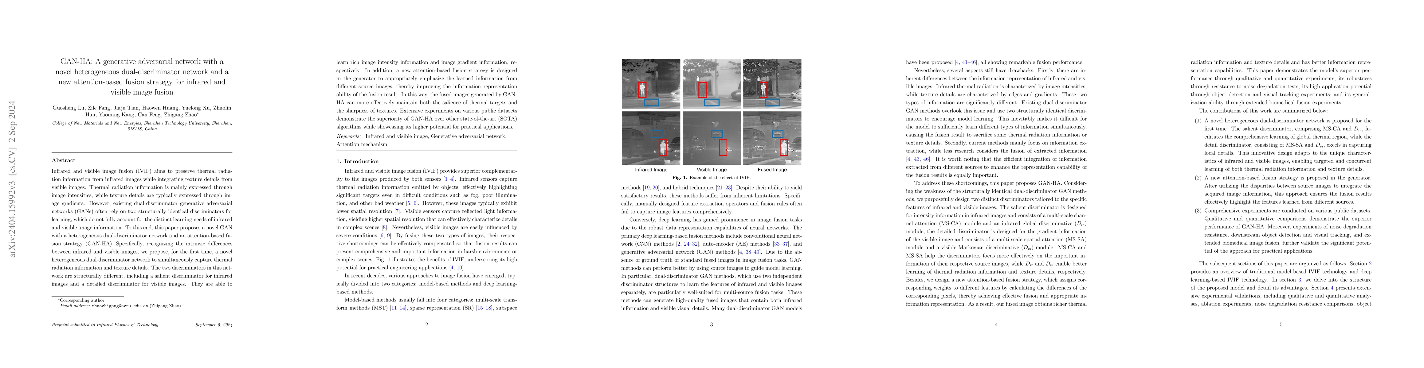 Thumbnail for AHDGAN: An Attention-Based Generator and Heterogeneous
  Dual-Discriminator Generative Adversarial Network for Infrared and Visible
  Image Fusion