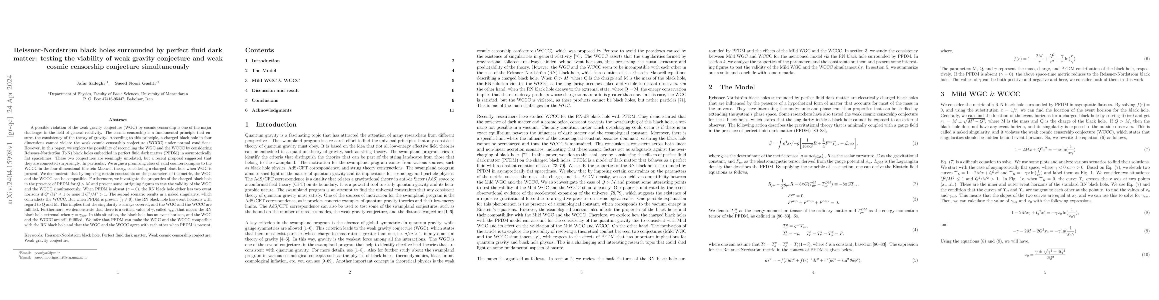Thumbnail for Reissner-Nordstr\"om black holes surrounded by perfect fluid dark
  matter: testing the viability of weak gravity conjecture and weak cosmic
  censorship conjecture simultaneously
