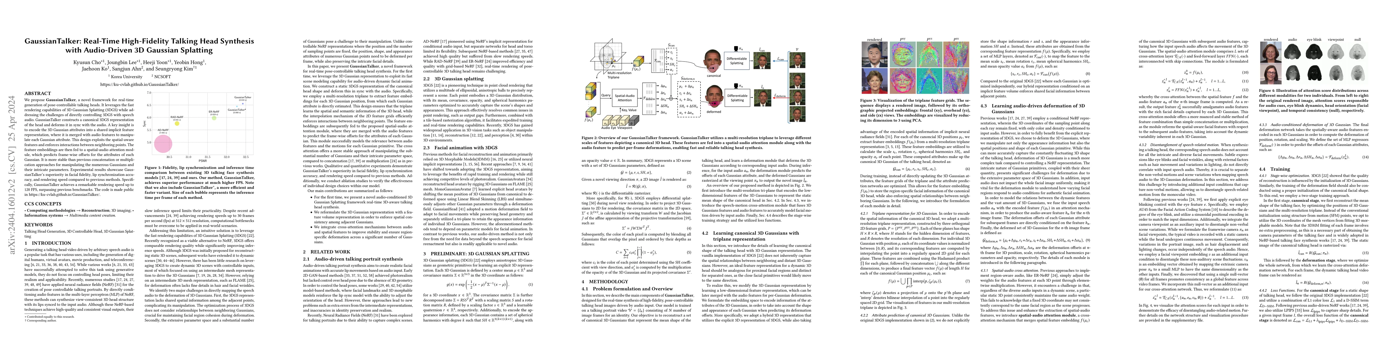 Thumbnail for GaussianTalker: Real-Time High-Fidelity Talking Head Synthesis with
  Audio-Driven 3D Gaussian Splatting