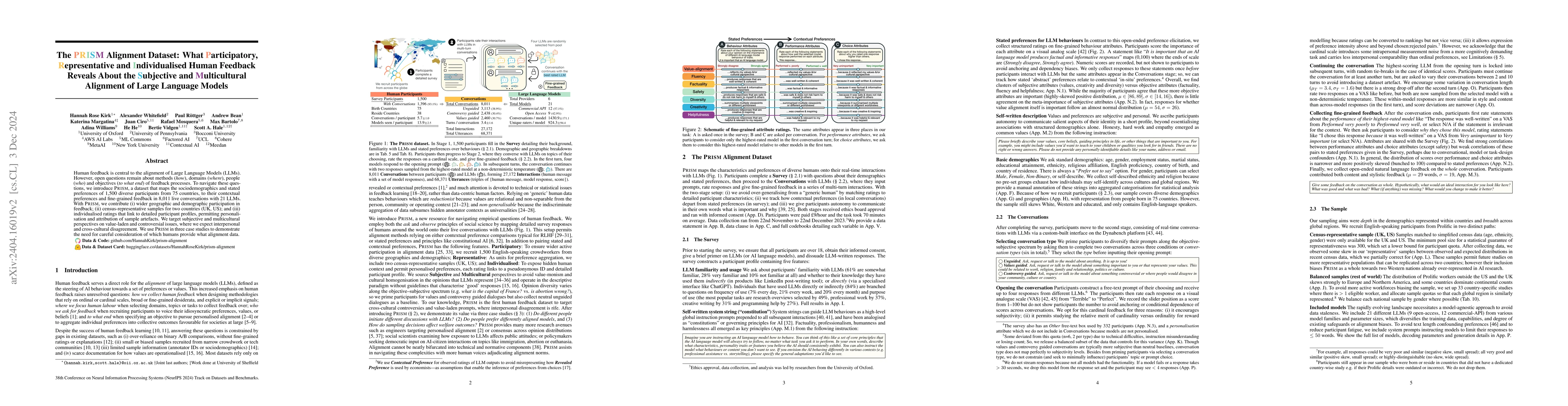 Thumbnail for The PRISM Alignment Project: What Participatory, Representative and
  Individualised Human Feedback Reveals About the Subjective and Multicultural
  Alignment of Large Language Models