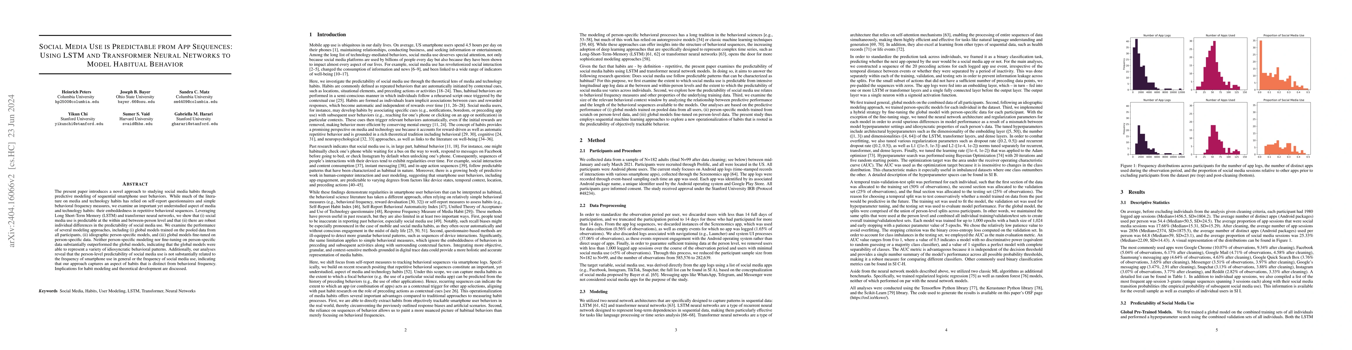 Thumbnail for Social Media Use is Predictable from App Sequences: Using LSTM and
  Transformer Neural Networks to Model Habitual Behavior