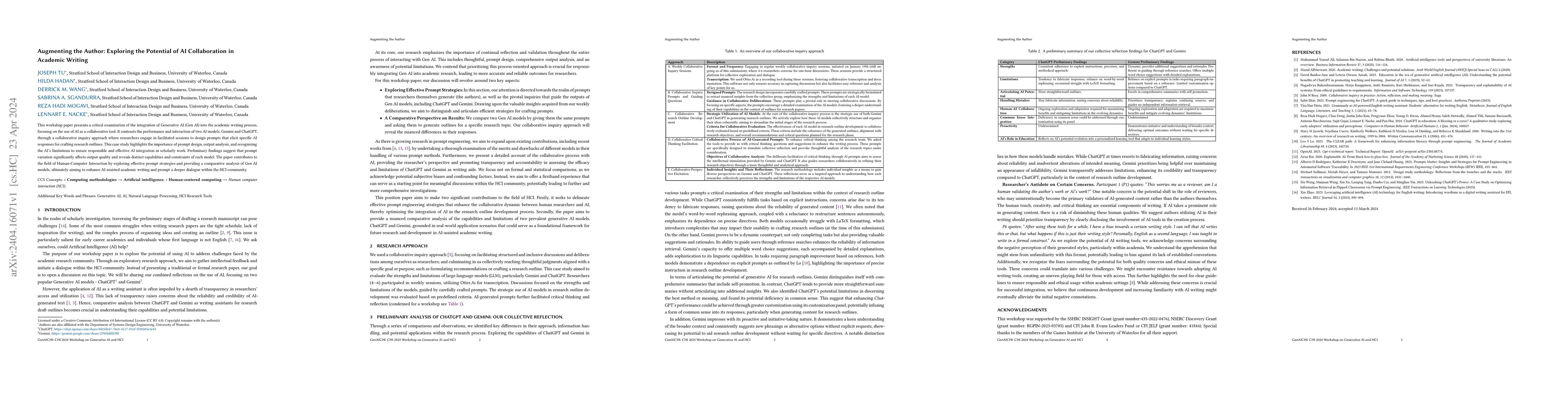 Thumbnail for Augmenting the Author: Exploring the Potential of AI Collaboration in
  Academic Writing