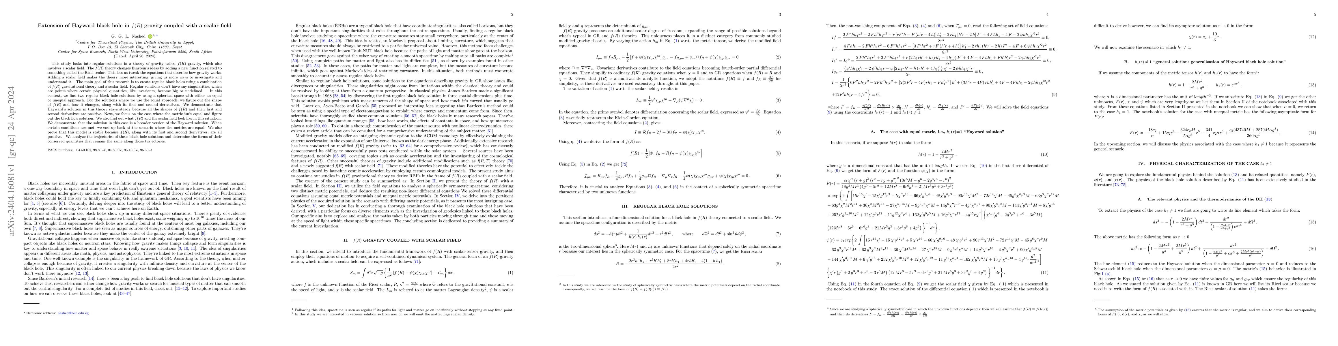 Thumbnail for Extension of Hayward black hole in $f(R)$ gravity coupled with a scalar
  field
