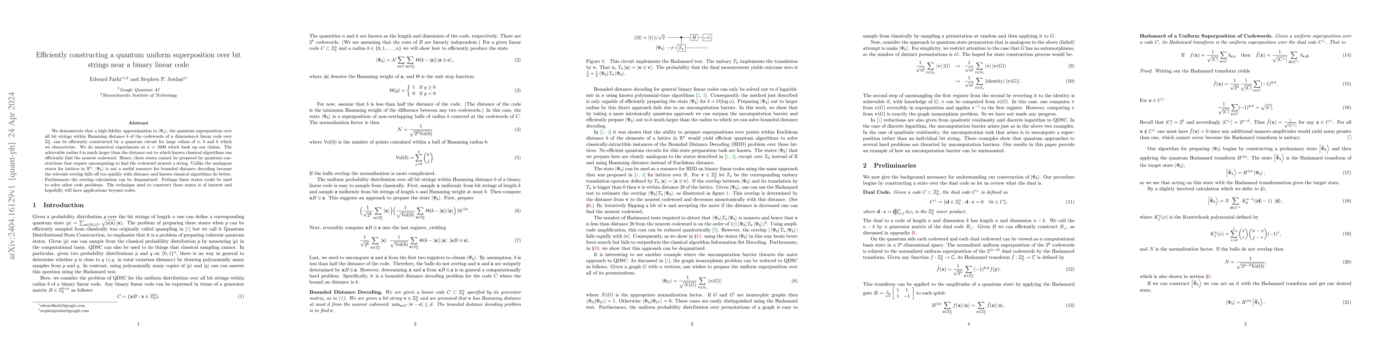 Thumbnail for Efficiently constructing a quantum uniform superposition over bit
  strings near a binary linear code