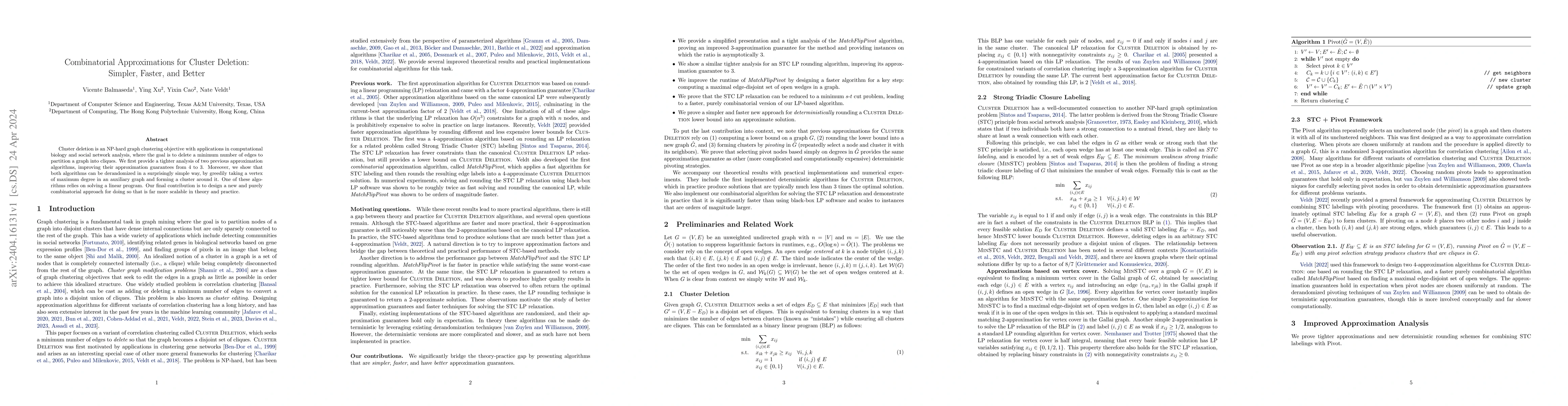 Thumbnail for Combinatorial Approximations for Cluster Deletion: Simpler, Faster, and
  Better