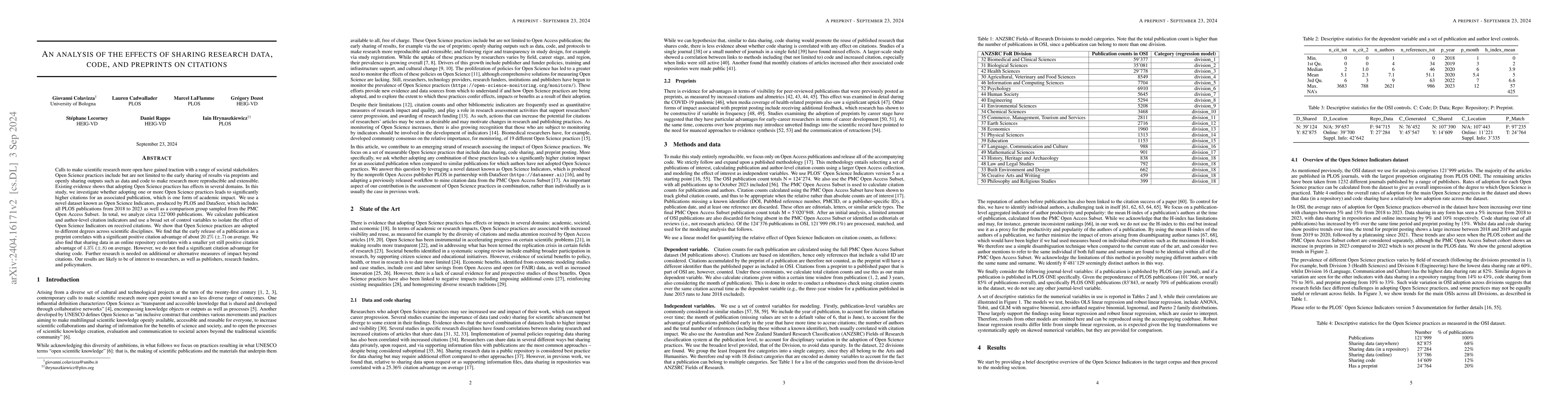 Thumbnail for An analysis of the effects of sharing research data, code, and preprints
  on citations