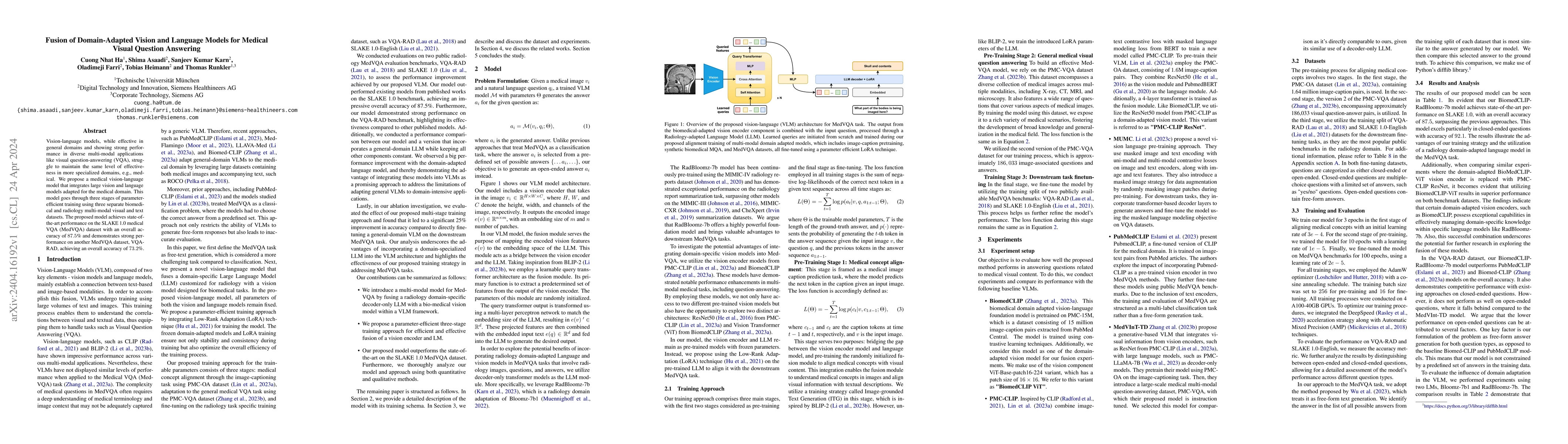 Thumbnail for Fusion of Domain-Adapted Vision and Language Models for Medical Visual
  Question Answering