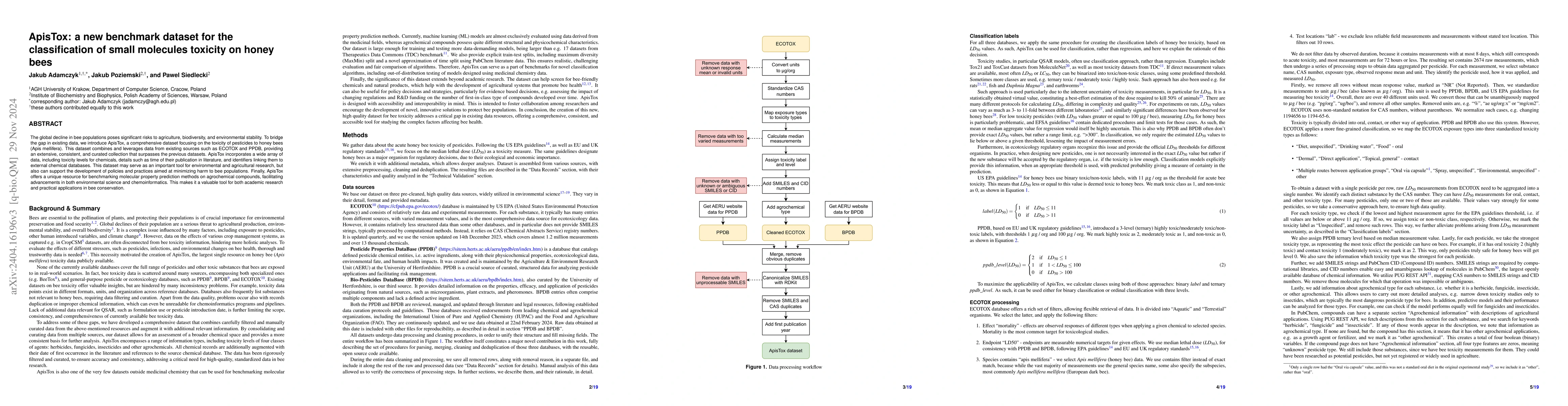 Thumbnail for ApisTox: a new benchmark dataset for the classification of small
  molecules toxicity on honey bees