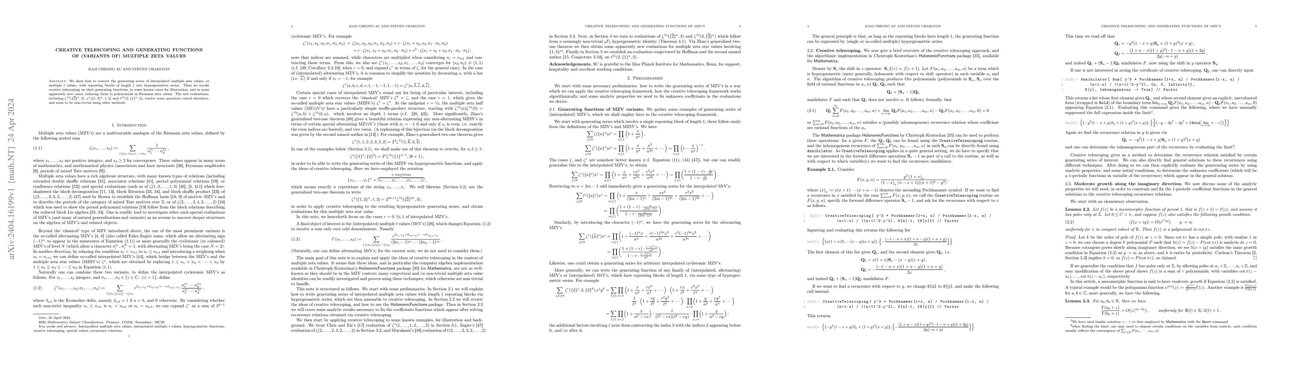 Thumbnail for Creative telescoping and generating functions of (variants of) multiple
  zeta values