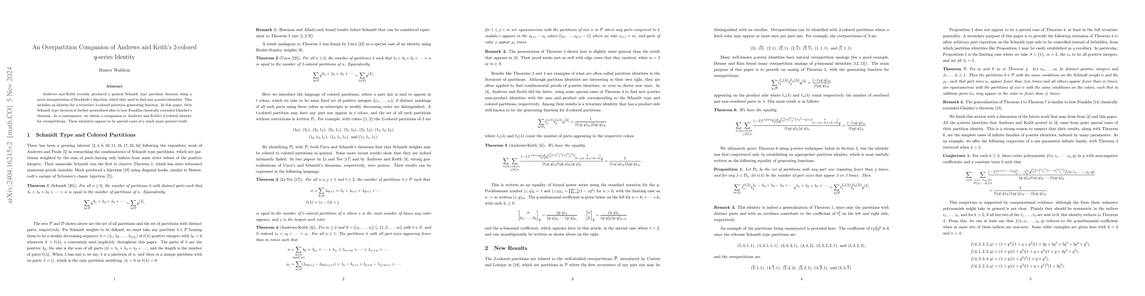 Thumbnail for An Overpartition Companion of Andrews and Keith's 2-colored $q$-series
  Identity
