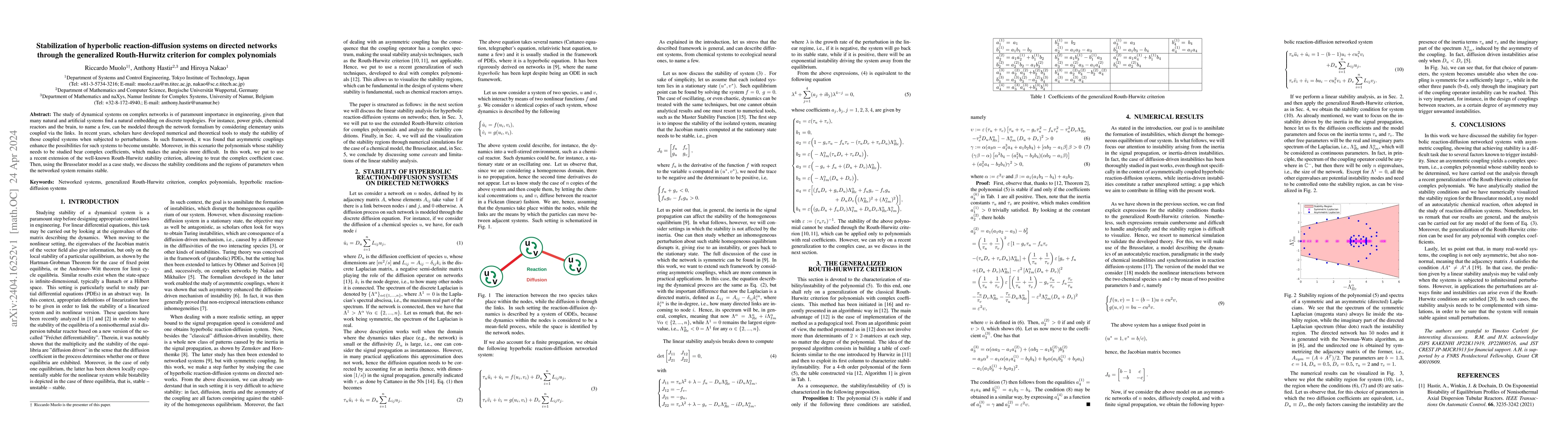 Thumbnail for Stabilization of hyperbolic reaction-diffusion systems on directed
  networks through the generalized Routh-Hurwitz criterion for complex
  polynomials