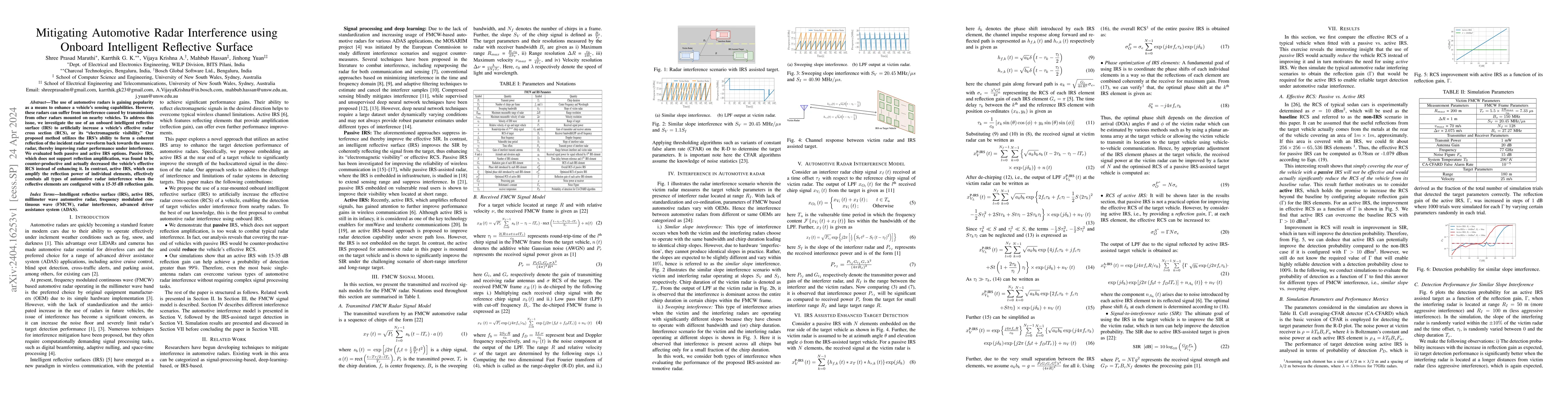 Thumbnail for Mitigating Automotive Radar Interference using Onboard Intelligent
  Reflective Surface