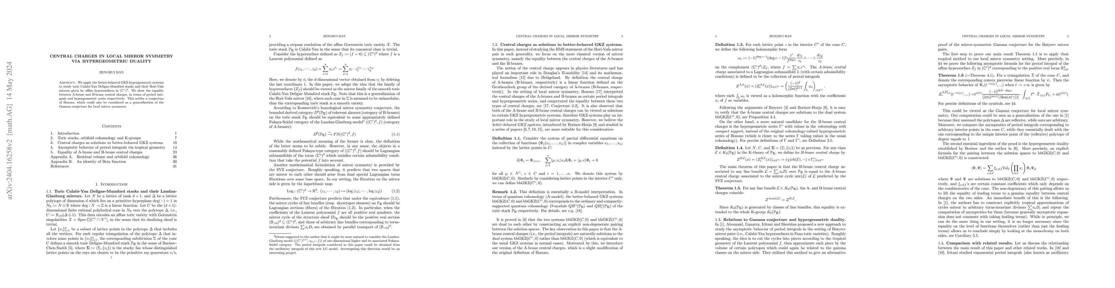 Thumbnail for Central charges in local mirror symmetry via hypergeometric duality