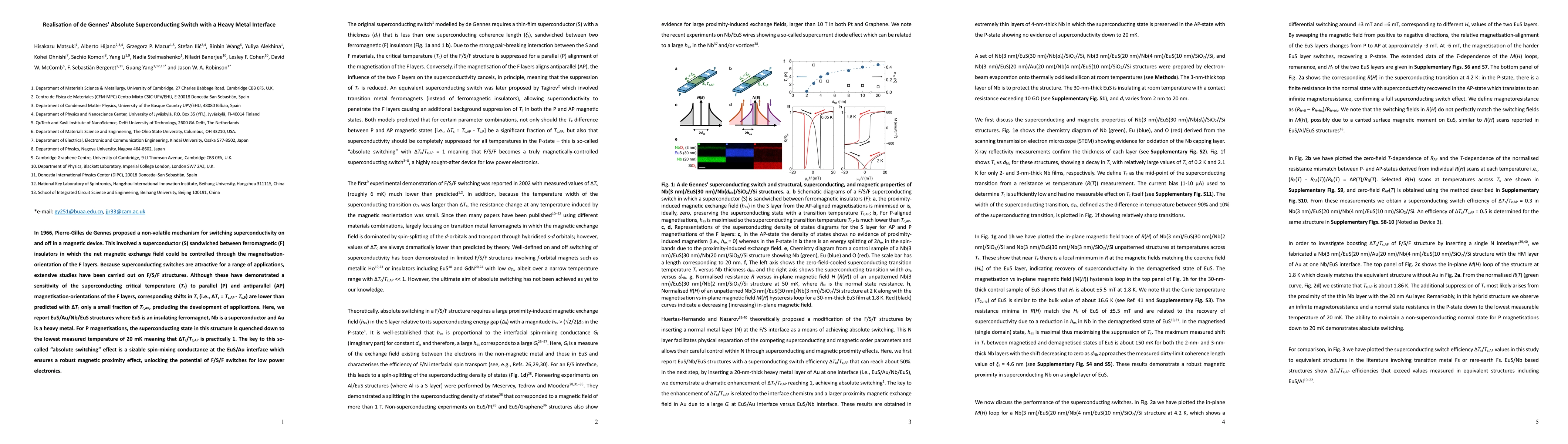 Thumbnail for Realisation of de Gennes$'$ Absolute Superconducting Switch with a Heavy
  Metal Interface