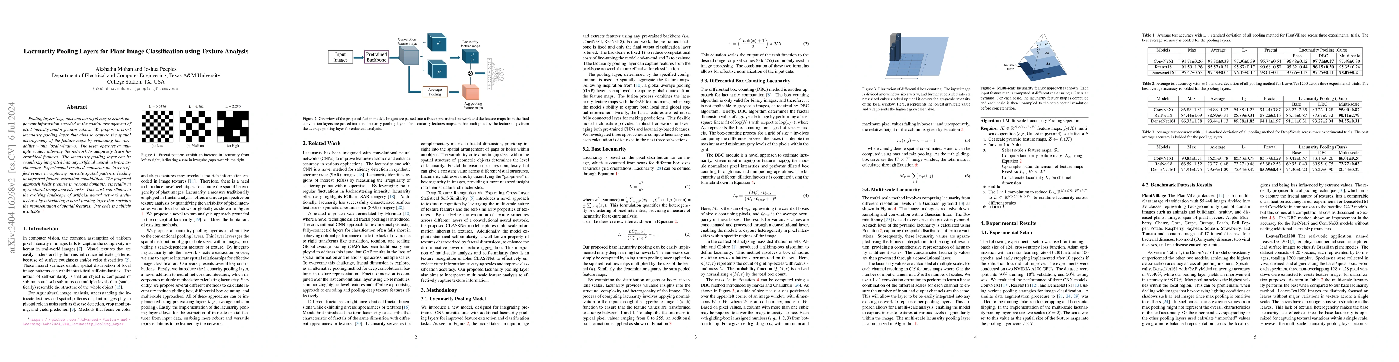 Thumbnail for Lacunarity Pooling Layers for Plant Image Classification using Texture
  Analysis