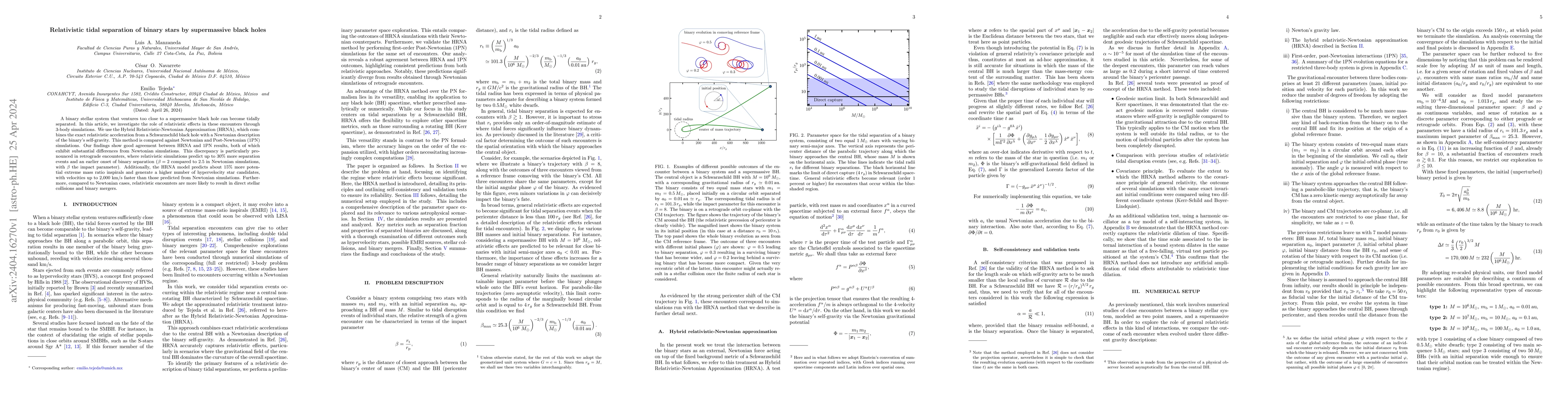 Thumbnail for Relativistic tidal separation of binary stars by supermassive black
  holes