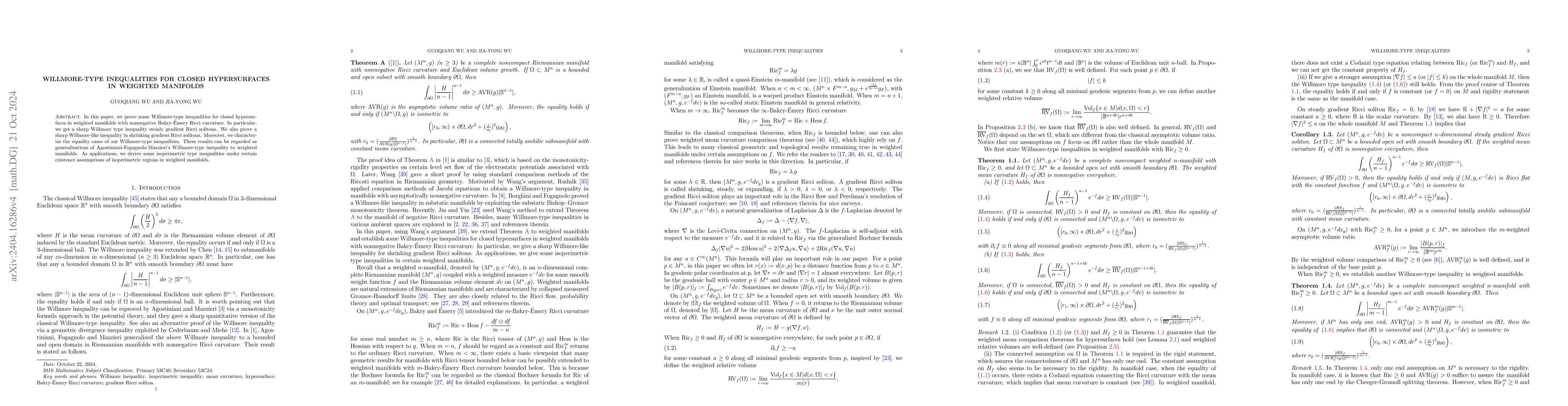 Thumbnail for Willmore-type inequalities for closed hypersurfaces in weighted
  manifolds