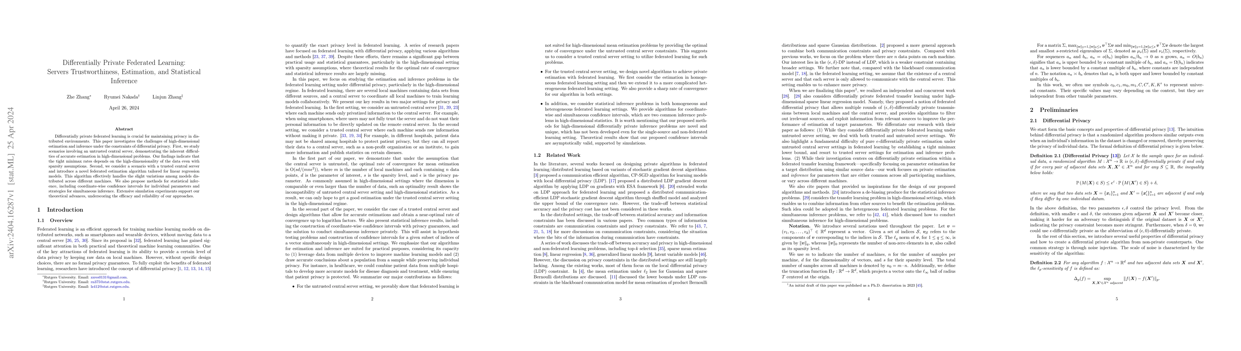 Thumbnail for Differentially Private Federated Learning: Servers Trustworthiness,
  Estimation, and Statistical Inference