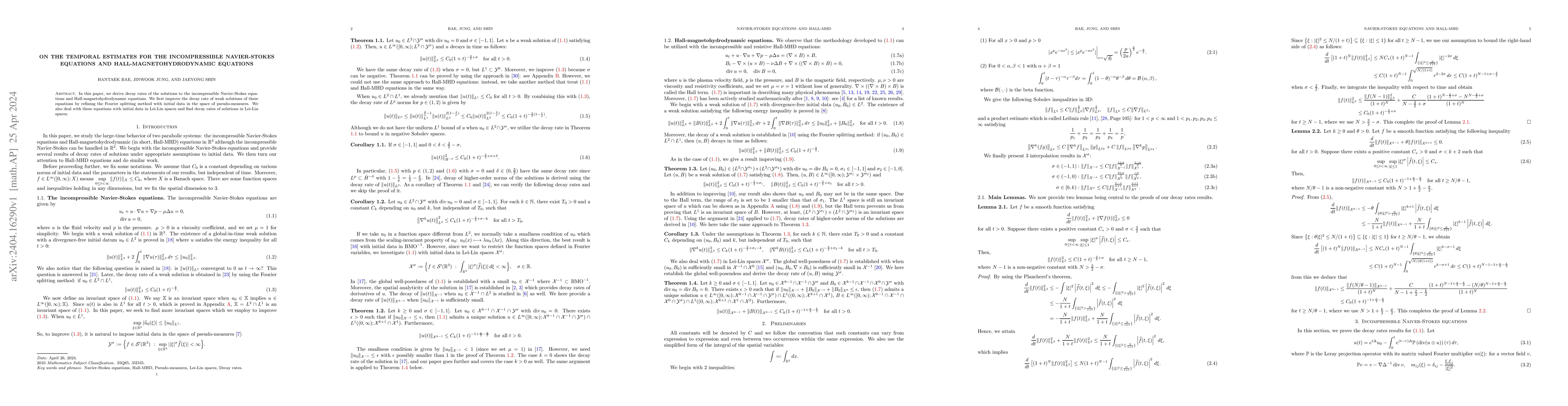 Thumbnail for On the temporal estimates for the incompressible Navier-Stokes equations
  and Hall-magnetohydrodynamic equations