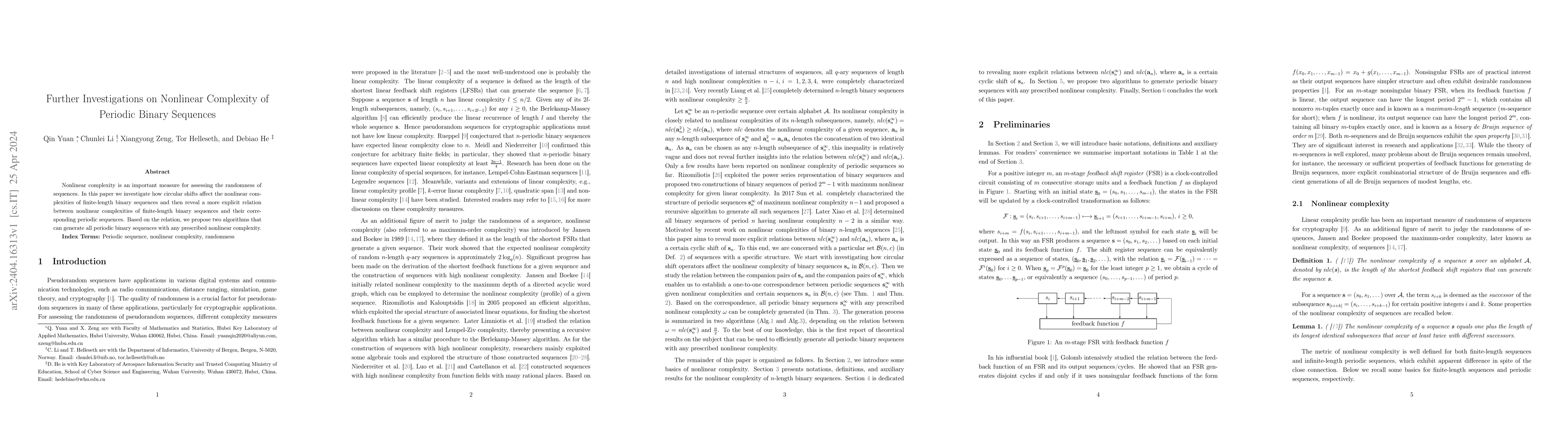 Thumbnail for Further Investigations on Nonlinear Complexity of Periodic Binary
  Sequences