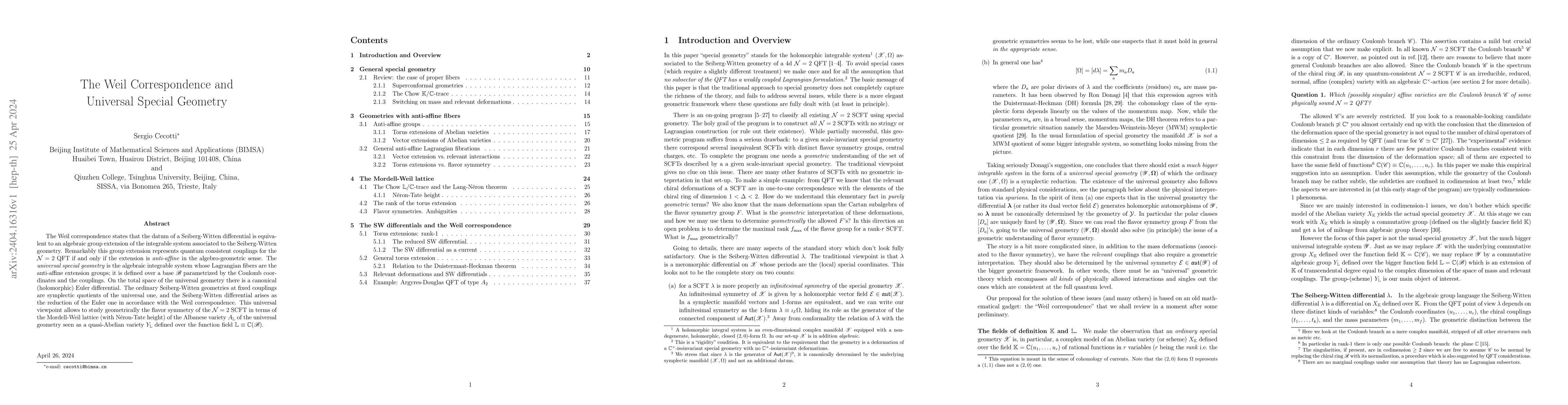 Thumbnail for The Weil Correspondence and Universal Special Geometry