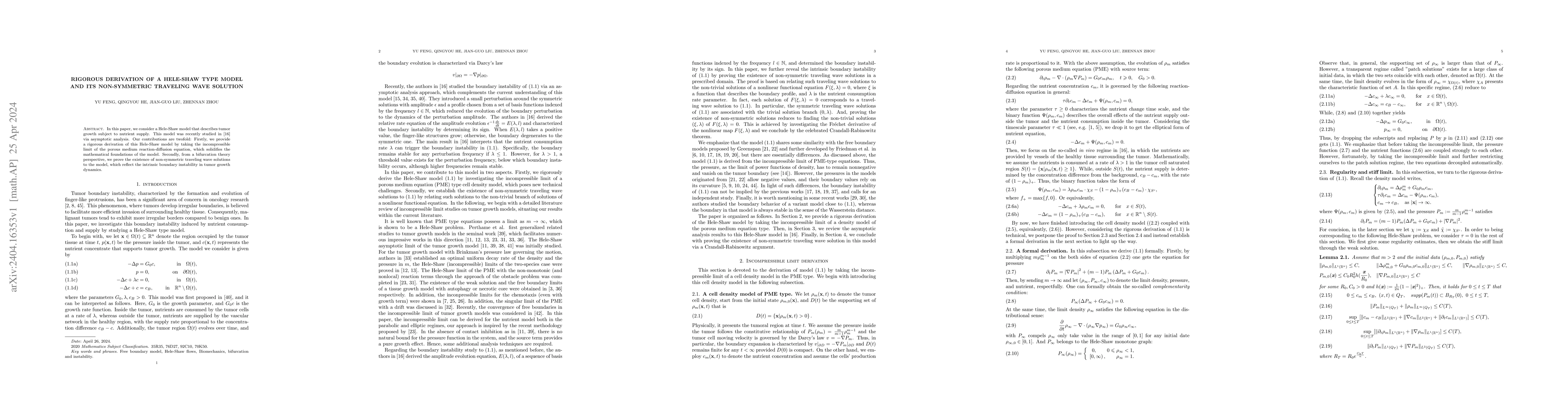 Thumbnail for Rigorous derivation of a Hele-Shaw type model and its non-symmetric
  traveling wave solution