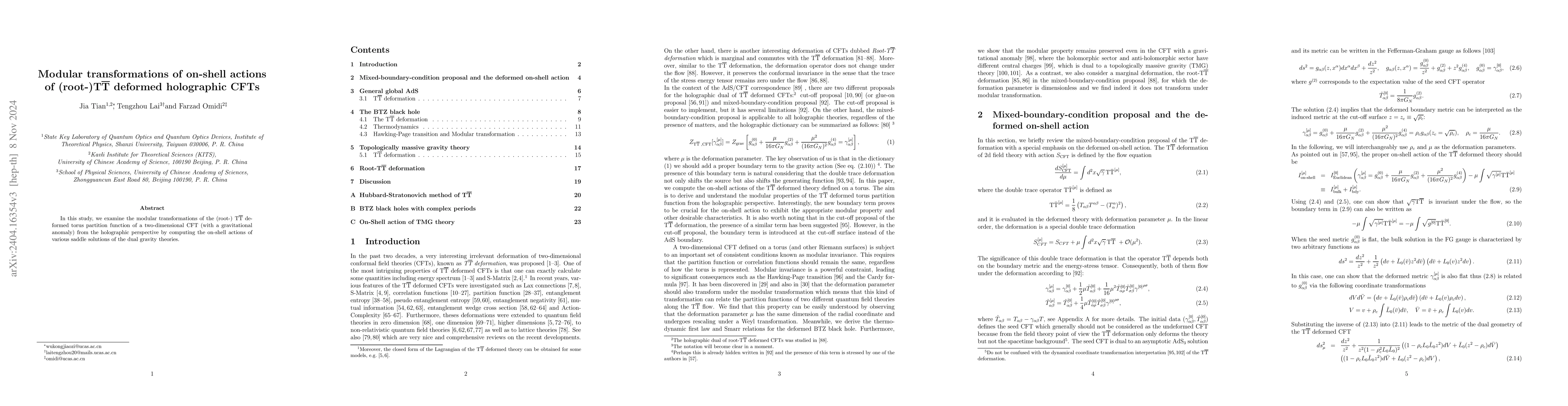 Thumbnail for Modular transformations of on-shell actions of
  (root-)$\text{T}\overline{\text{T}}$ deformed holographic CFTs