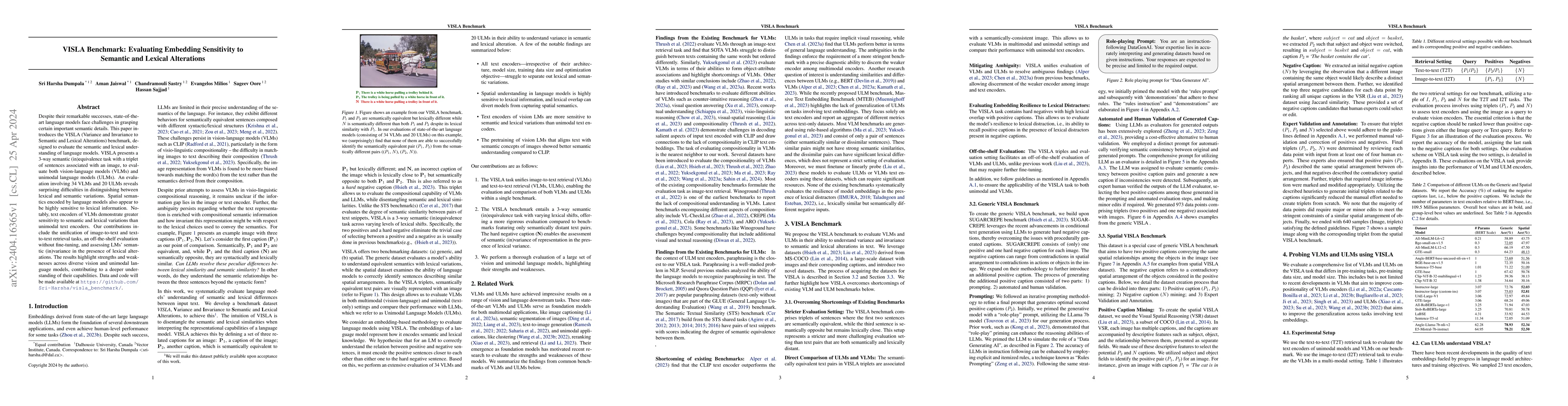 Thumbnail for VISLA Benchmark: Evaluating Embedding Sensitivity to Semantic and
  Lexical Alterations