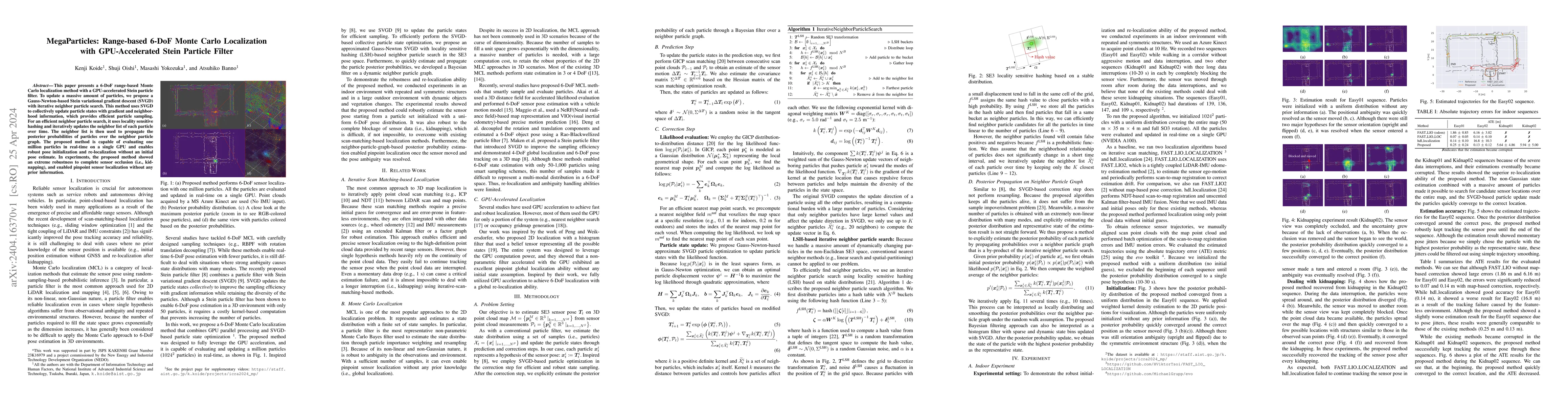 Thumbnail for MegaParticles: Range-based 6-DoF Monte Carlo Localization with
  GPU-Accelerated Stein Particle Filter
