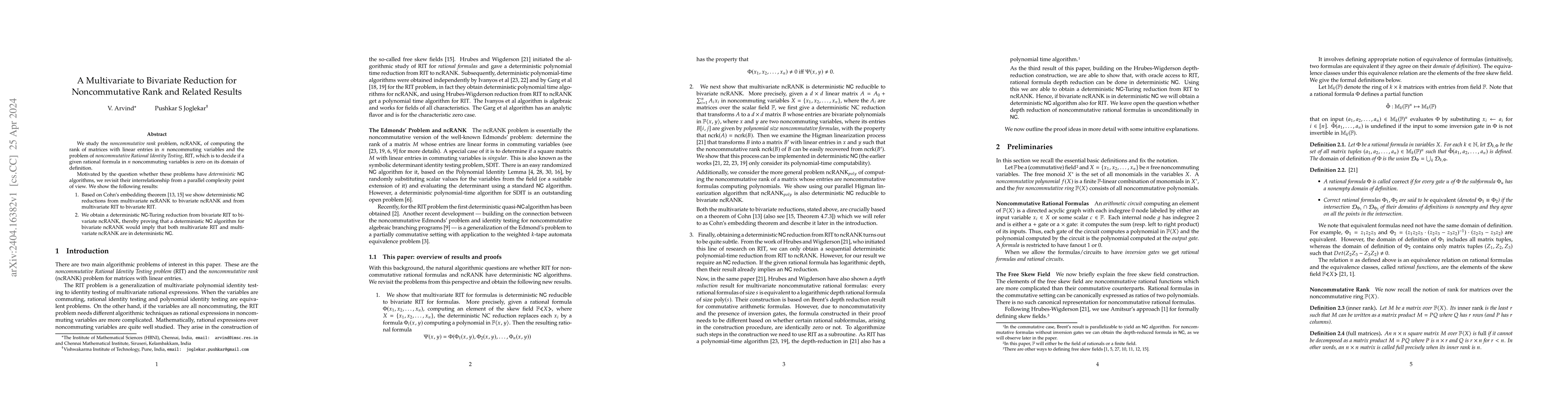 Thumbnail for A Multivariate to Bivariate Reduction for Noncommutative Rank and
  Related Results