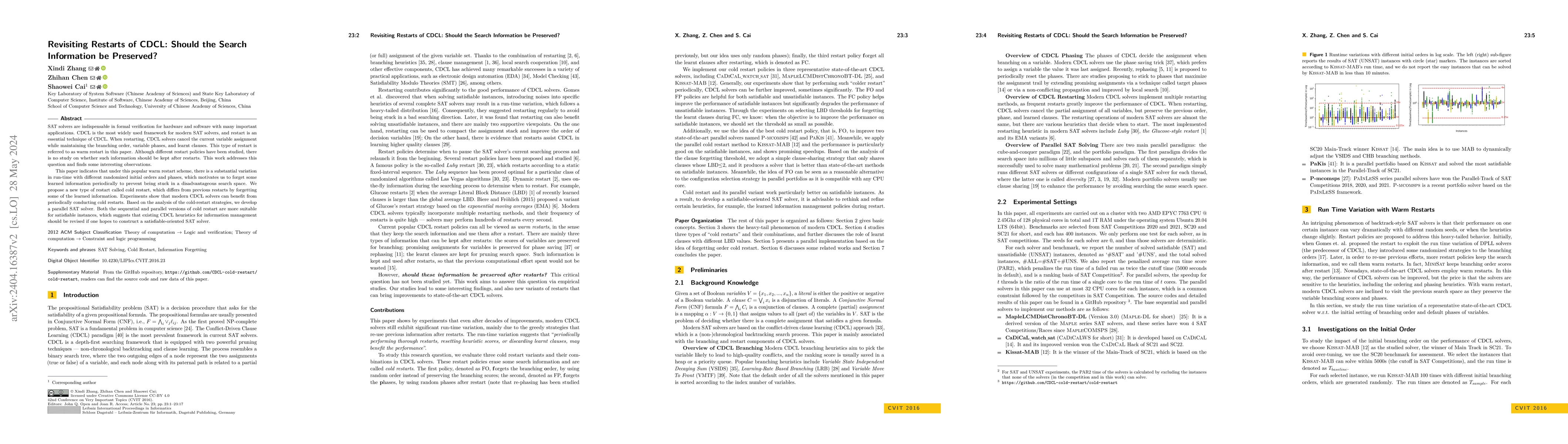 Thumbnail for Revisiting Restarts of CDCL: Should the Search Information be Preserved?