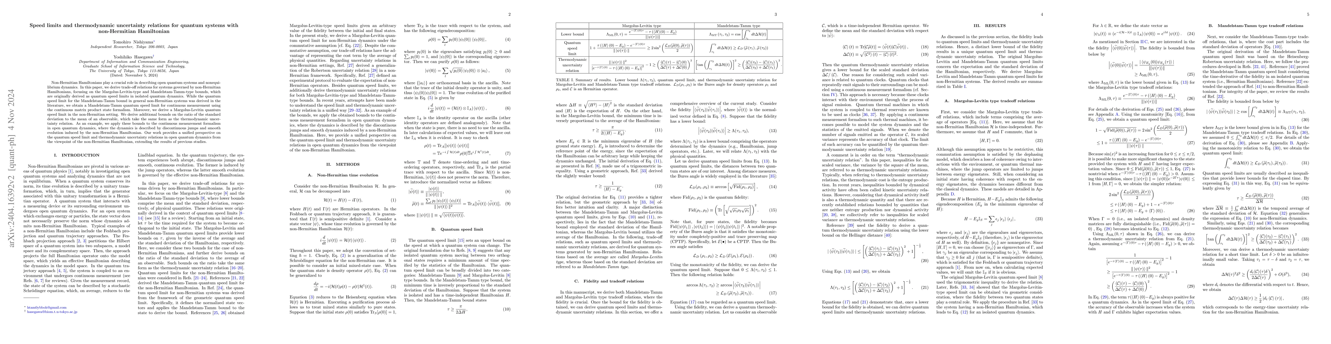 Thumbnail for Speed limits and thermodynamic uncertainty relations for quantum systems
  governed by non-Hermitian Hamiltonian