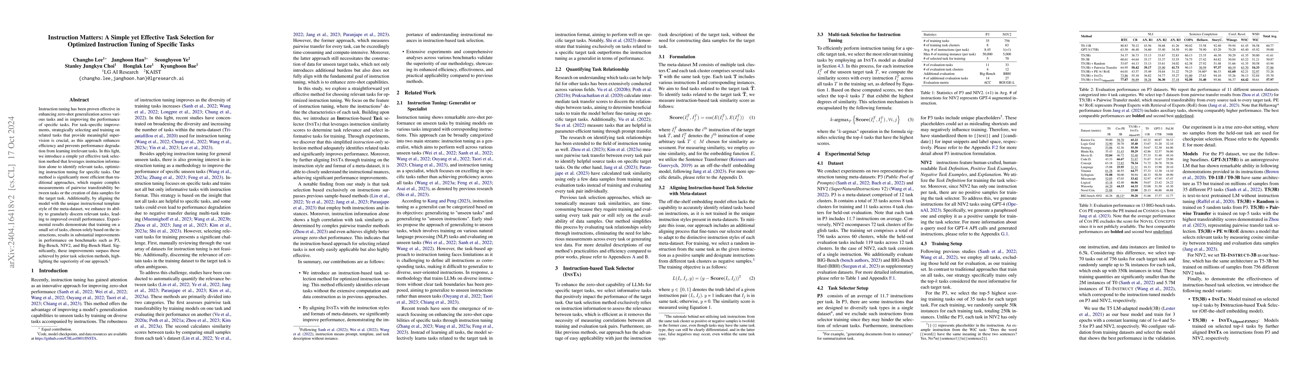 Thumbnail for Instruction Matters, a Simple yet Effective Task Selection Approach in
  Instruction Tuning for Specific Tasks