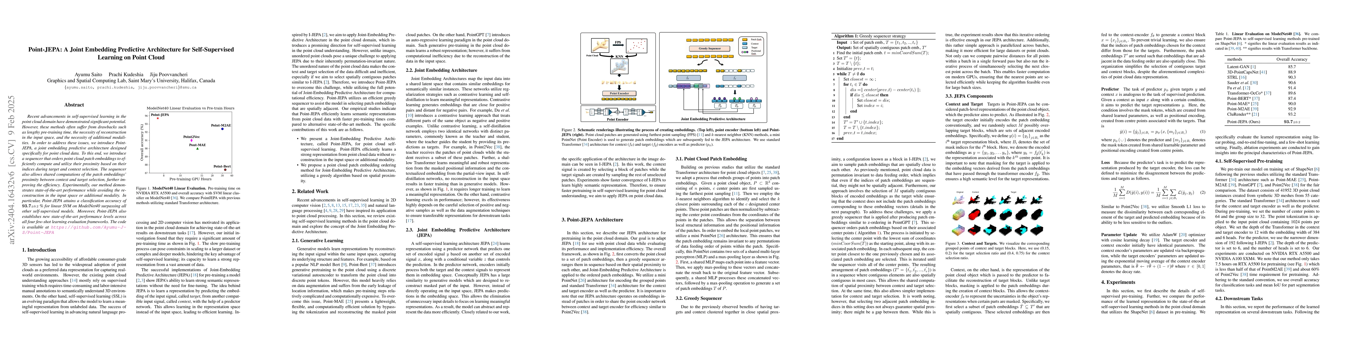 Thumbnail for Point-JEPA: A Joint Embedding Predictive Architecture for
  Self-Supervised Learning on Point Cloud