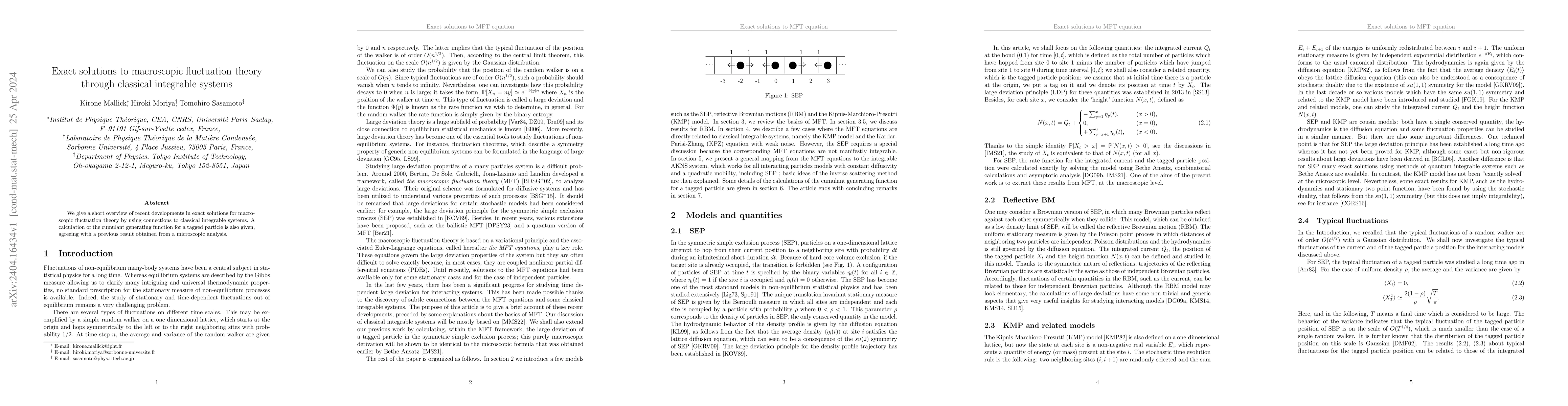 Thumbnail for Exact solutions to macroscopic fluctuation theory through classical
  integrable systems