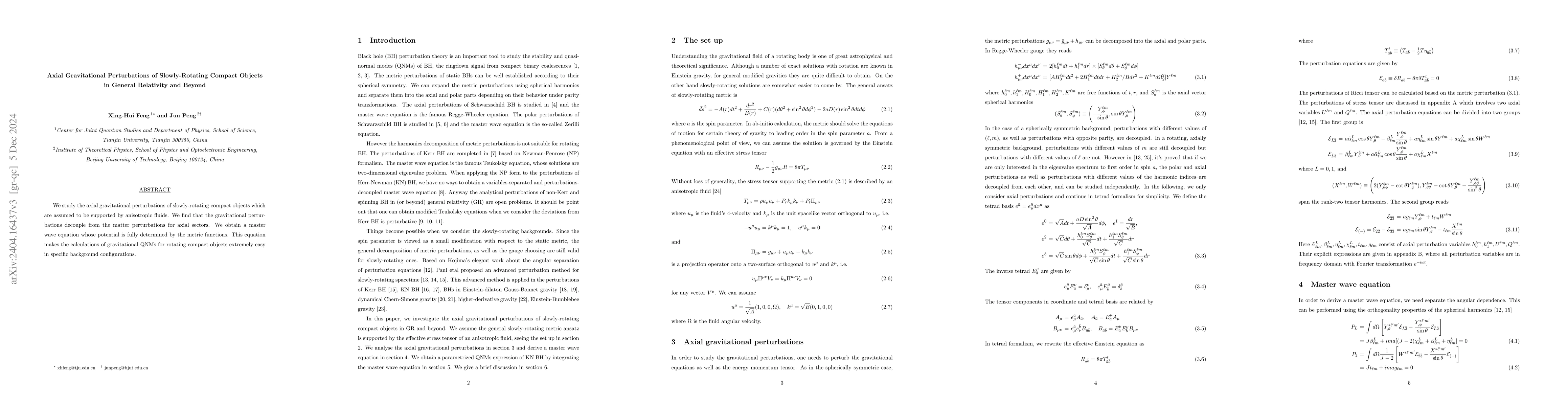 Thumbnail for Axial Gravitational Perturbations of Slowly-Rotating Compact Objects in
  General Relativity and Beyond