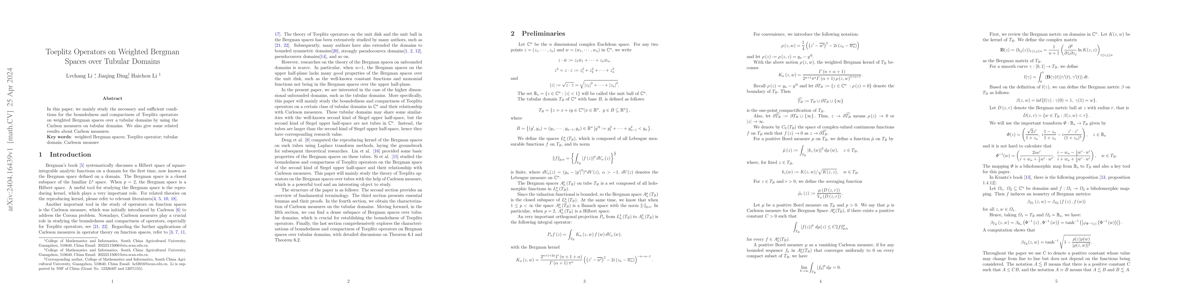 Thumbnail for Toeplitz Operators on Weighted Bergman Spaces over Tubular Domains
