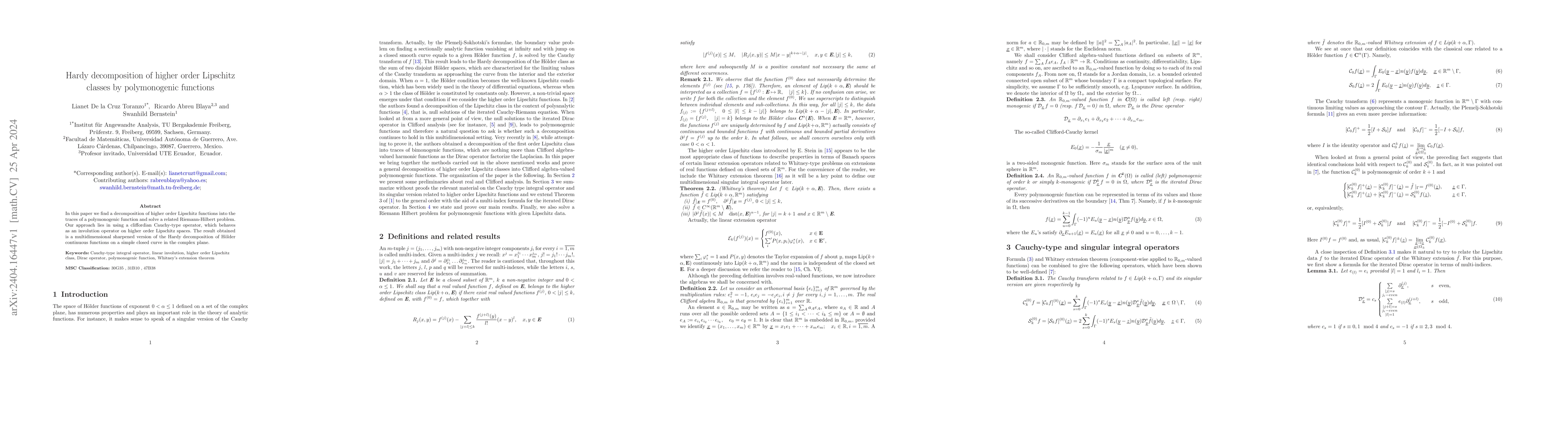 Thumbnail for Hardy decomposition of higher order Lipschitz classes by polymonogenic
  functions