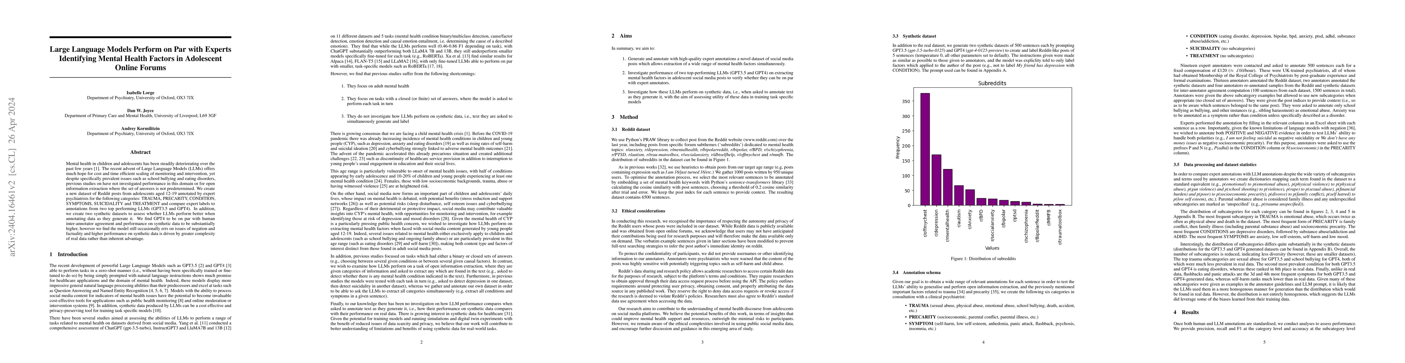 Thumbnail for Large Language Models Perform on Par with Experts Identifying Mental
  Health Factors in Adolescent Online Forums