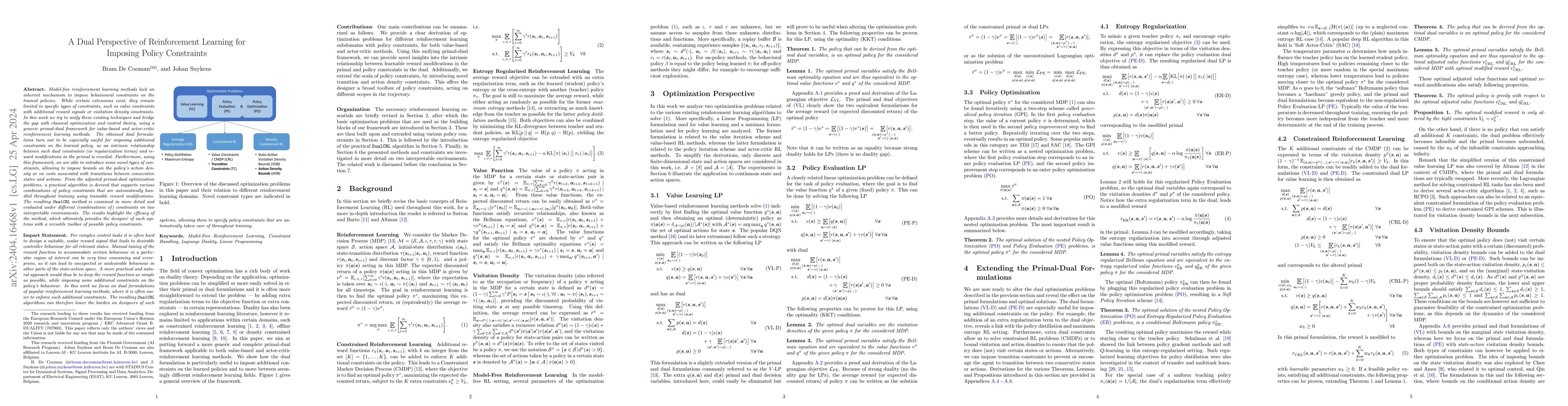 Thumbnail for A Dual Perspective of Reinforcement Learning for Imposing Policy
  Constraints